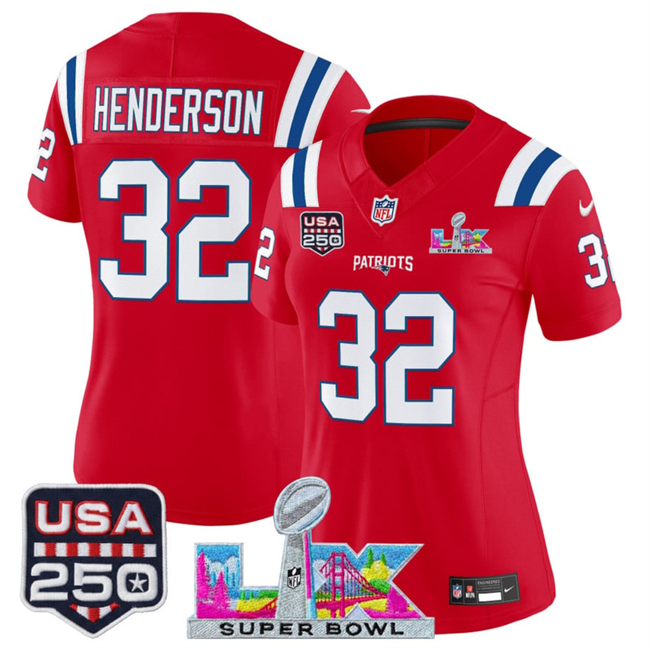 Women's New England Patriots #32 TreVeyon Henderson Red 2025 F.U.S.E. Super Bowl LX Patch And USA 250' Patch Vapor Limited Football Stitched Jersey(Run Small)